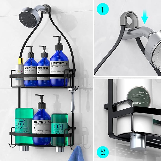 Meangood Shower Caddy Over Shower Head, Black Anti-Swing Hanging Shower Caddy with 4 Remove Hooks for Razor, Sponge, Towels Rustproof Shower Organizer for Bathroom - Image 4