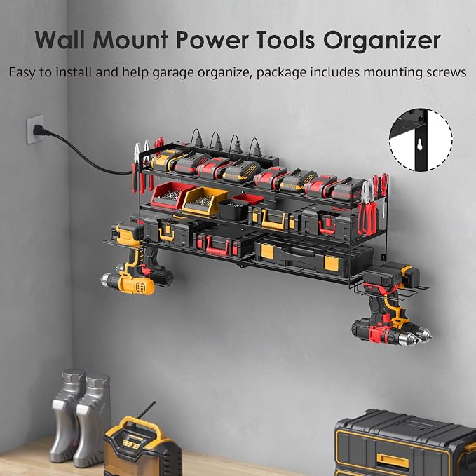 CCCEI Large Garage Tools Storage with Charging Station. Power Tool Battery Organizer Utility Shelf with Power Strip. 4 Drills Holder Wall Mount Rack, Black 3 Layer. - Image 3