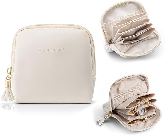 VLANDO Mini Jewelry Travel Case, Mothers Day Gifts for Mom, Jewelry Pouch Bags with Zipper, Velvet Jewelry Organizer Storage Bag for Bracelet Rings Earring Travel Essentials-White by VLANDO