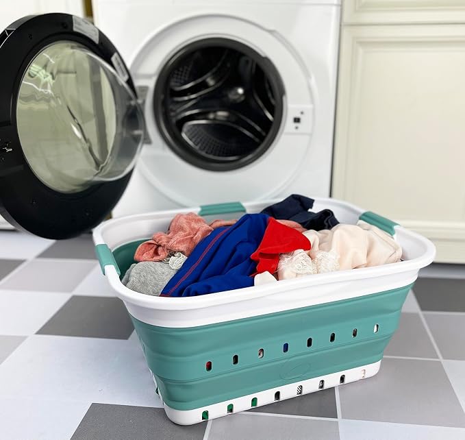 SAMMART 42L (11 gallon) Collapsible Plastic Laundry Basket - Foldable Pop Up Storage Container/Organizer - Space Saving Hamper/Basket (1, White/Celadon Green) - Image 6