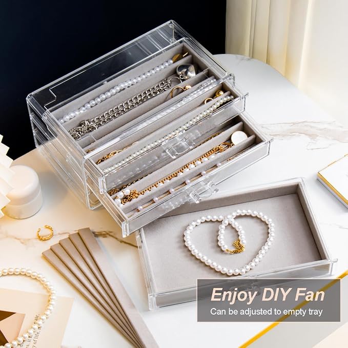 YUFONG Necklace Holder Organizer, Dustproof Necklace Box Velvet Necklace Organizer Box with Lid Clear Acrylic Dustproof Stackable Jewelry Displays for Necklaces Chain Display (Gray, 3 Drawer) - Image 3