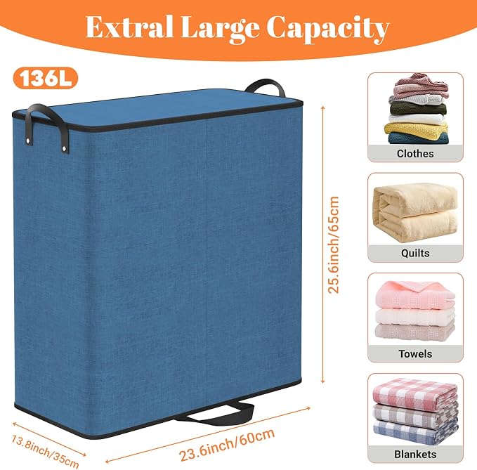 Large Double Laundry Hamper with Lid, Removable Bags & Reinforced Handles, 2 Section Tall Laundry Basket, Dirty Clothes Hampers for Laundry Room, Bedroom, Bathroom, Dorm, 136L, Blue - Image 2