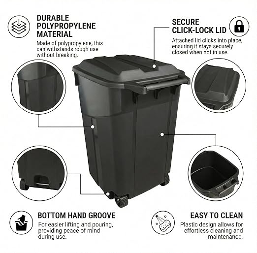 Outdoor Trash Can with Lid & Wheels, 45 Gallon Large Garbage Can for Garage & Patio, Heavy Duty Lockable Lid, Rugged Wheels & Easy Grip Handle (45 Gallon) - Image 6