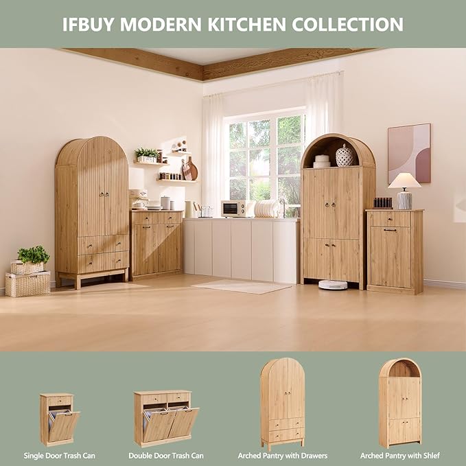 IFBUY Modern Tilt-Out Laundry Hamper Cabinet, 10 Gallon Fluted Trash Can Cabinet with Drawer, Wooden Hidden Garbage Can Cabinets with Laundry Basket, Free Standing for Bathroom & Kitchen, Natural Oak - Image 6