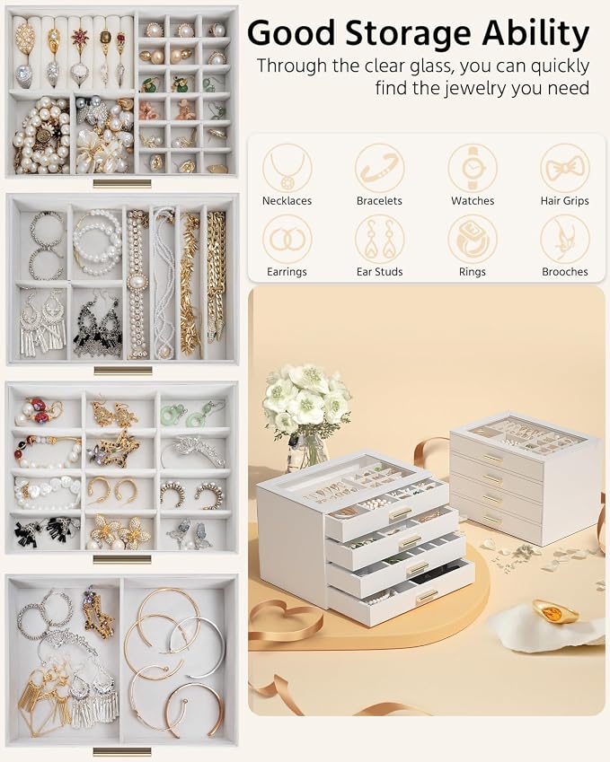AKOZLIN Jewelry Box with Clear Lid Functional Leather Jewelry Storage Organizer Case 4 Drawers for Women Girls Necklace Ring Bracelet Earring - Image 3