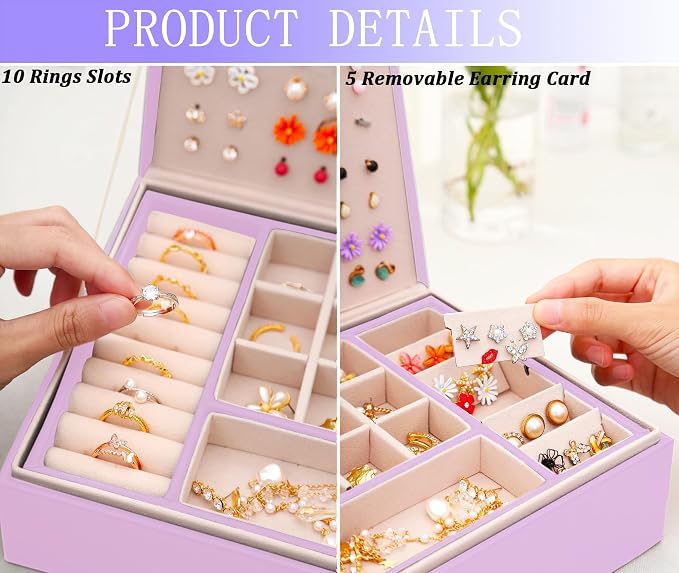 Earrings Jewelry Box for Girls, Large Capacity Jewelry Organizer with 40-Pair Earring Board, 2-Layer Leather Jewelry Storage Box for Necklaces Rings Bracelets with Removable Tray, LightPurple - Image 5