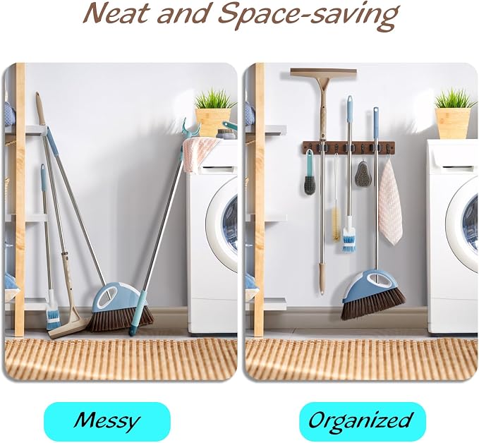 OUTNILI 2 Pack Mop Broom Holder Wall Mount with 3 Slots & 4 Hooks - Rustic Wood Broom Mop Hanger for Pantry Kitchen Organization - Garden Tool Organizer for Closet Laundry Room - Image 5