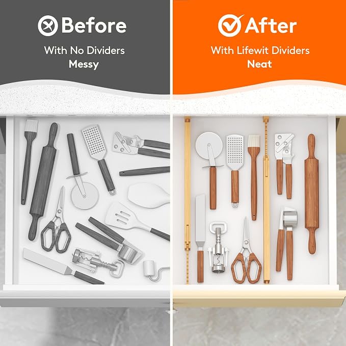 Lifewit 2.36" High 5 Pack Bamboo Drawer Dividers, 14.2-22" Expandable Kitchen Drawer Dividers, Adjustable Drawer Dividers for Clothes, Drawer Separators for Dresser, Kitchen, Bedroom, Bathroom - Image 9
