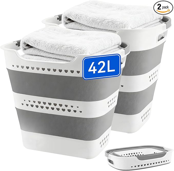 2 Pcs 42L Medium Collapsible Plastic Laundry Basket with Handles, Foldable Laundry Basket Hamper, Pop Up Storage Container Organizer for Washing Storage (Gery, 17 Inch * 13 Inch * 15 Inch) by Unknown