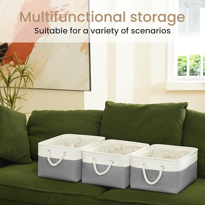 Large Storage Baskets- 15.7x11.8x8.26 inch Storage Bins for Shelves and Closet Organizing, Foldable Fabric Bin for Home Organization Clothes and Laundry (3-Pack, White&Grey) - Image 6