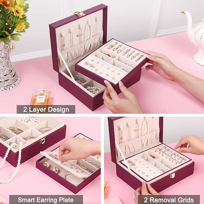 Voova Jewelry Box Organizer for Women Girls, 2 Layer Large Men Jewelry Storage Case, PU Leather Display Jewellery Holder with Removable Tray for Necklace Earrings Rings Bracelets, Vintage Gift, Purple - Image 3
