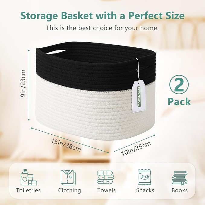 ECDYQXVU Cotton Rope Storage Basket, 15x10x9 Inches, Woven Basket for Shelves, Clothes, Towels, Books, and Laundry, Black/ White (2 Pack) - Image 3
