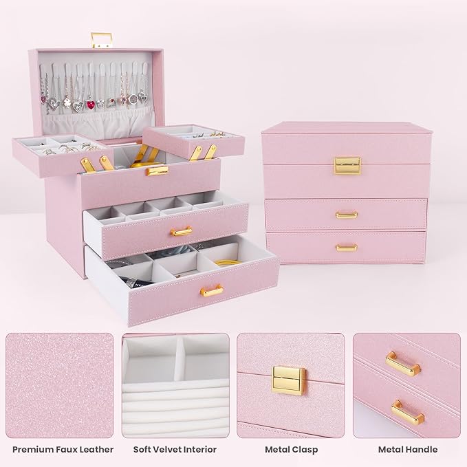 Dajasan Jewelry Organizer Box, Large Jewelry Boxes for Girls, Space-Saving 4 Layers Jewelry Storage Case with Drawer, Gift for Women, Movable Metal Stand, Modern (Pink+ Gold) - Image 5