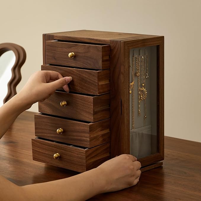 Wooden Jewelry Box for Women, 360 Rotating Design,Large Jewelry Organizer with Velvet Lining, 5 Drawers, Transparent Glass Doors, Black Walnut Wood Grain, Jewelry Storage Organizer - Image 8