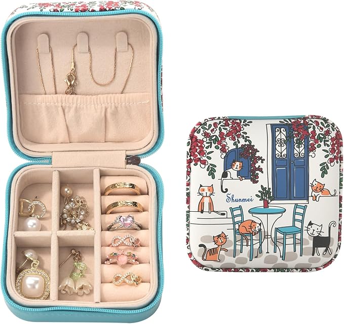 shunmei Mini Travel Jewelry Box,PU Leather Portable Jewelry Organizer Case,Art Accessories Storage Holder Boxes for Earring, Necklace, Rings, Bracelets (Six Cats) by KALUYA