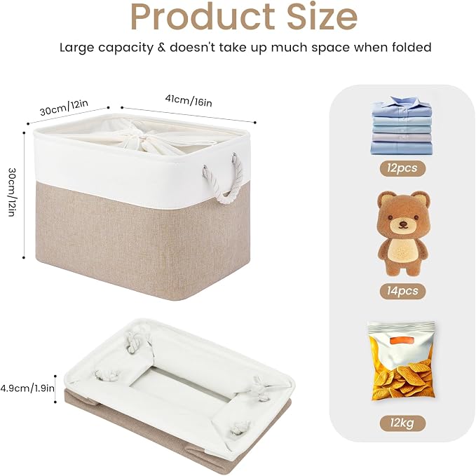 Large Storage Baskets- 16x12x12 inch Storage Bins for Shelves and Closet Organizing, Foldable Fabric Bin for Home Organization Clothes and Laundry (1-Pack, White&Khaki) - Image 5