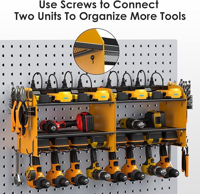 CCCEI Modular Power Tool Organizer Wall Mount with Charging Station. Garage Drill Storage Shelf with Hooks, Heavy Duty Rack, Tool Battery Holder Built in 8 Outlet. Gift for Men. Yellow, 1 Pack. - Image 6