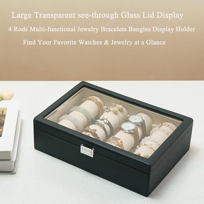 Bracelets Organizer Rods Bangles Display Holder, Clear See through Lid Leather Velvet Jewelry Storage Box Case for Women, 4 Rods Black Leather - Image 8
