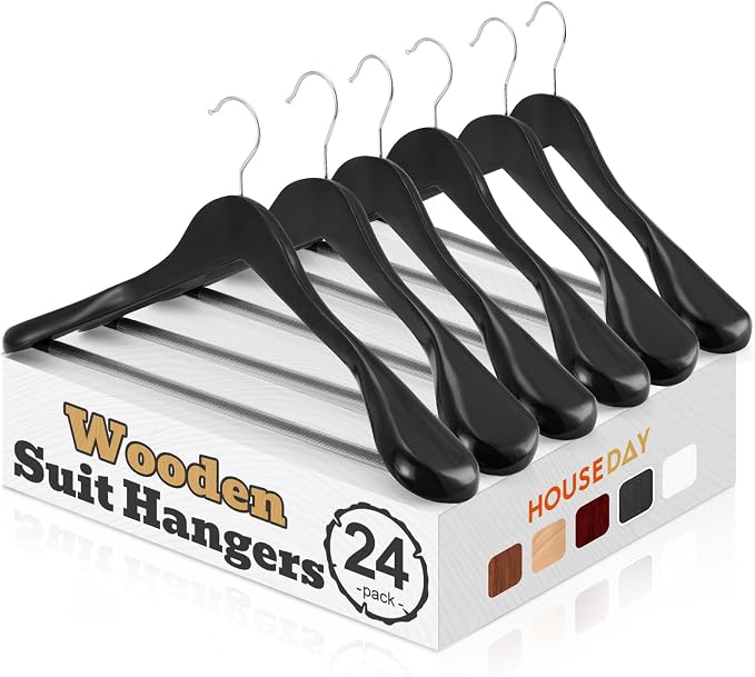 HOUSE DAY Wood Suit Hangers for Men 24 Pack, Smooth Wide Shoulder Wooden Hangers with Non Slip Pant Holder, Wide Hangers for Suits, Coats, Jackets, Heavy Wide Clothes Hanger, Black by HOUSEDAY