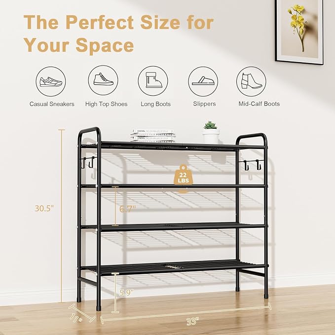 VILICK 4-Tier Shoe Rack 33" Wide Metal Shoe Organizer Long Shoe Storage with 4 Side Hooks Sturdy Shoes Shelf for Closet, Front Door Entrance, Garage, Dorm, Black - Image 3