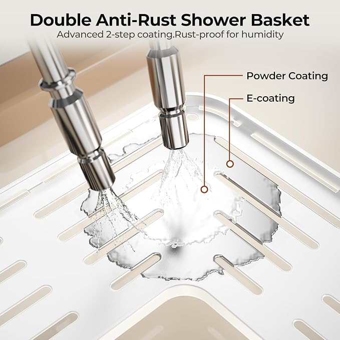 Orimade Rustproof 3 Tier Floor Standing Corner Shower Caddy Organizer with Toothbrush Holder, Large Spacing Floor Shower Shelf Rack Storage Stands with Hooks for Bathroom Kitchen, White - Image 4