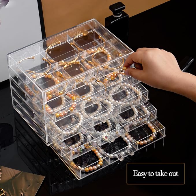 SPAKOWN Earring Organizer, Acrylic Earring Box Large 30 Compartments Jewelry Holder Organizer with 5 Drawers Stackable Earring Bracelet Storage Case Jewelry Boxes for Women (Clear) - Image 4