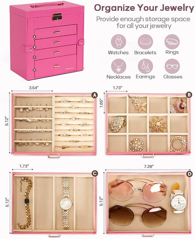Homde Synthetic Leather Huge Jewelry Box Mirrored Watch Organizer Necklace Ring Earring Storage Lockable Gift Case (Pink + Gold) - Image 3