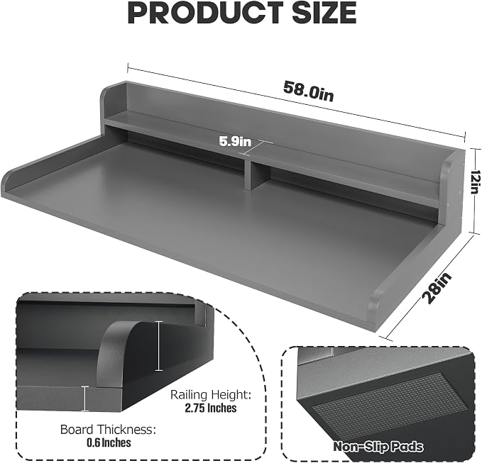 2-Tier Washer Dryer Countertop with 2.75" H Edge Rails, 58" W x 28" D Laundry Countertop for Folding Clothes, Washer and Dryer Topper with Non-Slip Pad (Gray) - Image 4