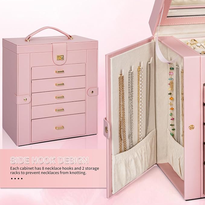 AKOZLIN 6-Tier Jewelry Box Organizer Functional Leather Jewelry Storage Case for Women Girls Ring Necklace Earring Bracelet Holder Organizer with Mirror - Image 4