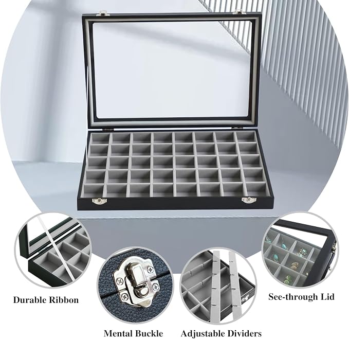 Stratalife Jewelry Organizer 40 Grid Gray Black Jewelry Tray with Clear Dust-proof Lid Velvet Earring Organizer Necklace Rings Holder Display Drawer Storage Case for Women - Image 2