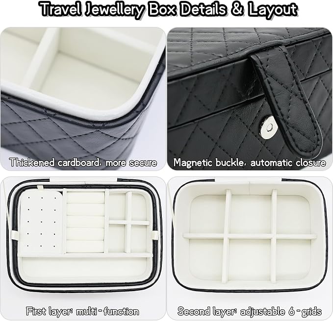 Jewelry Travel Case, 2-Layer Jewelry Box Organizer Medium Jewelry Travel Box, Portable Faux Leather Jewellery Storage Boxes with Argyle for Women, Daily Jewellery Case Home Use (Pure black) - Image 3