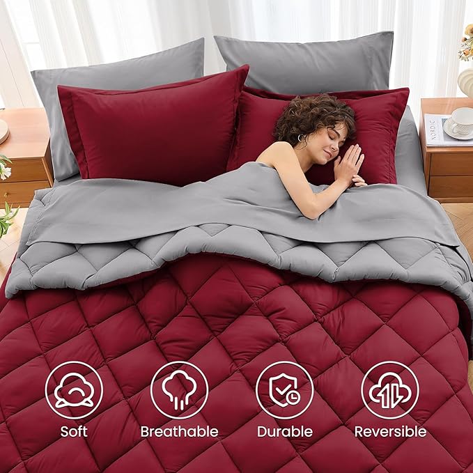 MUXHOMO 5 Pieces Twin XL Comforter Set, Reversible Bed in a Bag Twin XL Size, All Season Bedding Set with Comforter, Flat Sheet, Fitted Sheet, Pillowcases & Shams, Burgundy & Grey