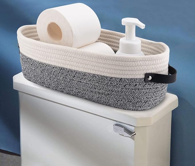 Small Cotton Rope Woven Basket Toilet Paper Baskets for Organizing Decorative Basket for Boho Decor Small Storage Basket 13"x5.9"x4" Variegated Gray&White - Image 2