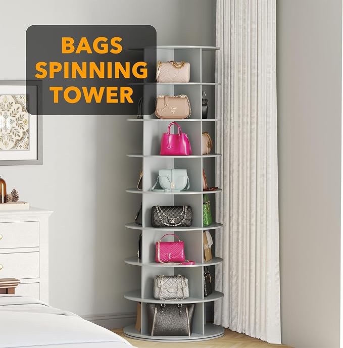 SpaceAid 8 Tier Rotating Shoe Rack Tower, Spinning Shoe Display Lazy Susan, Revolving 360 Shoe Rack Storage Round Carousel, Vertical Handbag Rotate Shoes Closet Organization (8-Tier Gray) - Image 5