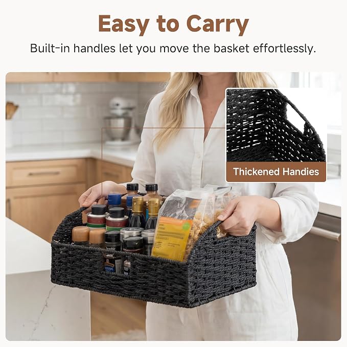 StorageWorks Wicker Baskets with Handles, Pantry Organizers and Storage, Paper Rope Pantry Baskets for Shelves, Black， 2-Pack - Image 3