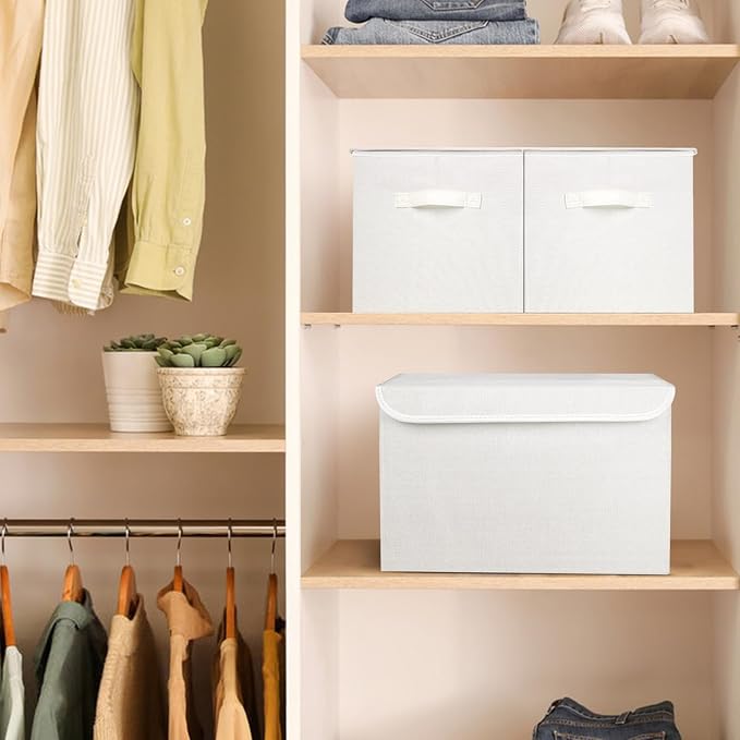 Bagnizer Large 17" 42 Quarts Collapsible Stackable Storage Bins with Lids [3-Pack] Foldable Fabric Linen Storage Boxes Cube, Closet Organizer Baskets with Label (16.7 x 12 x 12, White) - Image 7