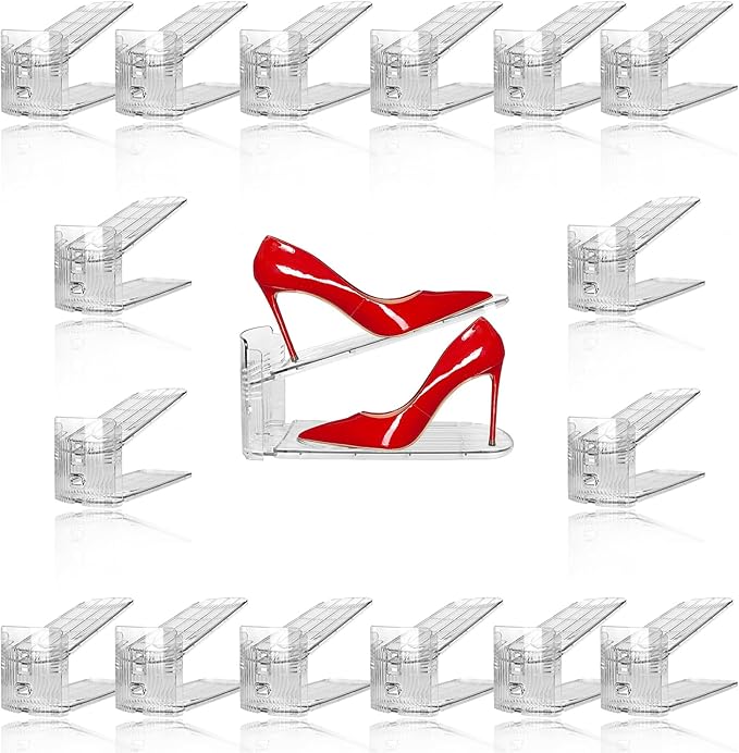 16 Pack Clear Shoe Slots Organizer - Adjustable Height 3.7''to 7.7'' Shoe stackers for a pair of shoes ,Shoe rack storage shoe space saver 50%,Easy to assemble shoe hold shoe organizer for cloest by NVGSN