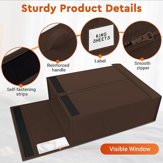 StorageTastic 4 Pack Bed Sheet Closet Organizers and Storage,Sturdy Foldable Storage Containers with Window and Label,Storage and Organization for Bedding Sheets,Duvet Covers,Blankets (Brown) - Image 5