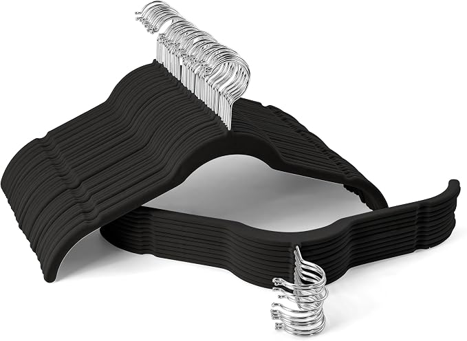 Sishynio Premium Velvet Hangers 50 Pack - Space-Saving Closet Organizer for Clothes, Non-Slip Flocked Design, Ideal for Shirts and Coats (Black) by Sishynio