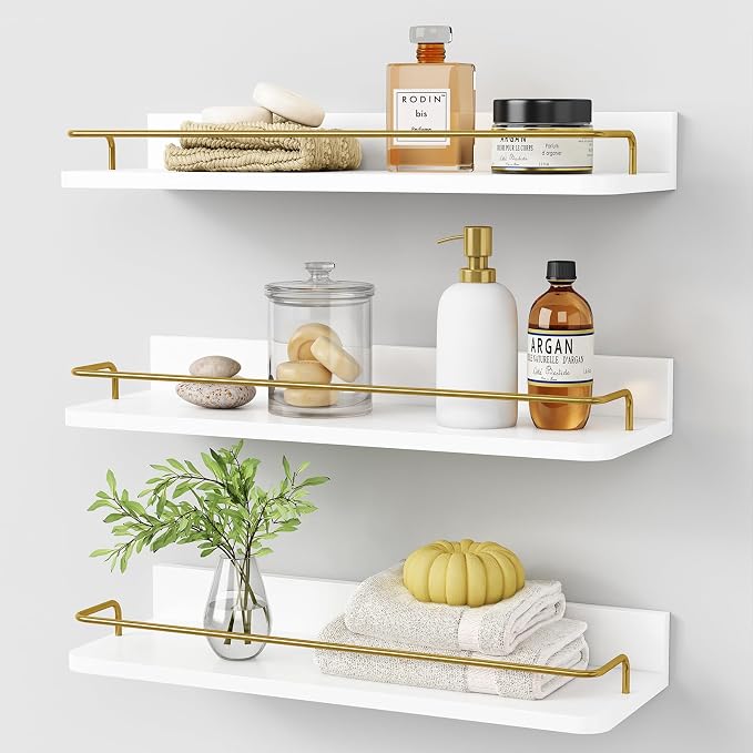 Forbena Gold Floating Shelves for Wall Decor Set of 3, Bathroom Shelves Over Toilet, Modern Display Wall Shelf with Guard Rail for Living Room Bedroom Organizers and Storage - White and Gold by Forbena