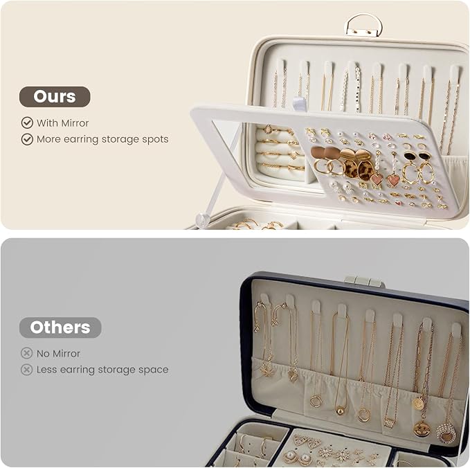 Lolalet 2 Layer Jewelry Box with Lock and Key for Teen Girls & Young Women, Jewelry Organizer Case with Round Clasp and Mirror for Earrings Rings Necklaces Storage, Gift Idea -Cloud White - Image 5