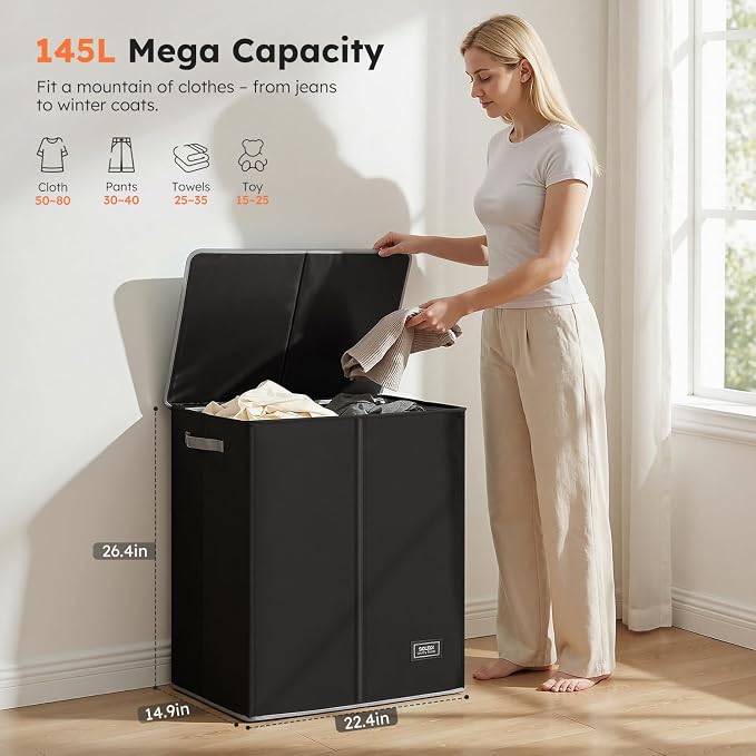 SOLEDI Double Laundry Hamper with Lid and Removable Laundry Bags,Divided Laundry Bin - Large Clothes Hamper 2 Section - Collapsible Laundry Baskets for Bedroom, Bathroom, Laundry Room,Black - Image 6