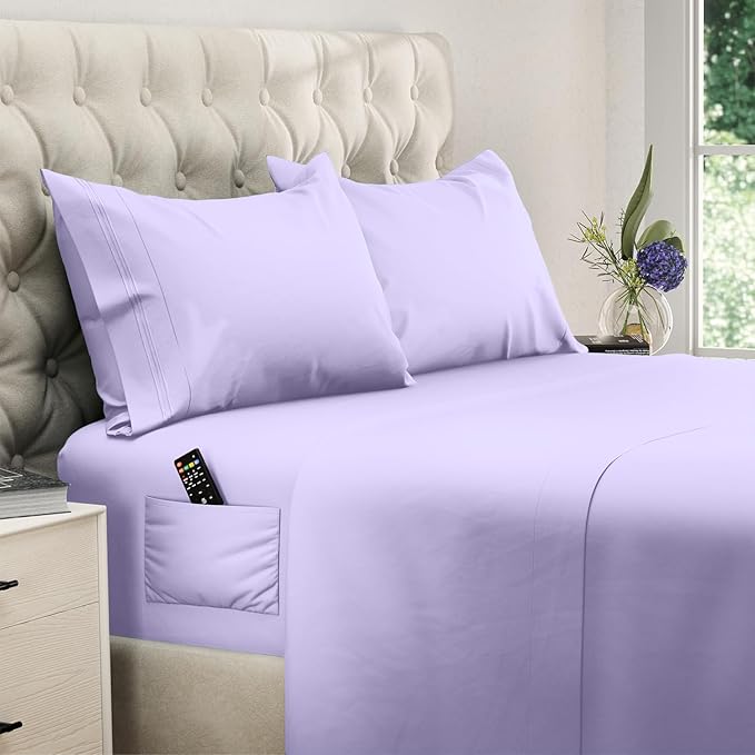 DREAMCARE Twin XL Sheet Sets - 4 pcs Breathable Cooling Bed Sheets - up to 15" Deep Pocket Twin XL Sheets Set with Side Pockets - Extra Soft 100% Brushed Hypoallergenic Hotel Luxury Bedding - Lavender