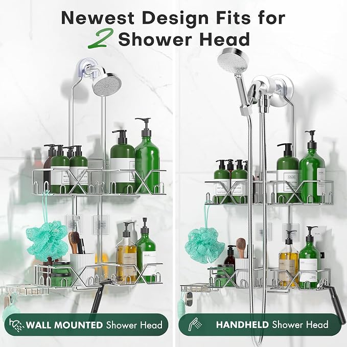 Sewulidon Stainless Steel Shower Caddy Hanging for Handheld Shower Heads,Rustproof Hose Shower Organizer Adjustable Length Shower Rack with 24 Hooks,Razor Holder,Soap Holder - Image 3