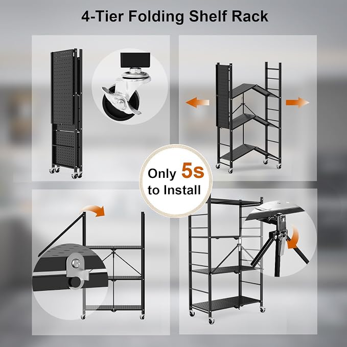 Himix Storage Shelves with 20 Hooks, 4-Tier Foldable Shelves for Storage, Folding Shelf Unit Pantry Shelves with Wheels, Metal Shelving Storage Rack Shelf for Kitchen Garage Home, Black - No Assembly - Image 5