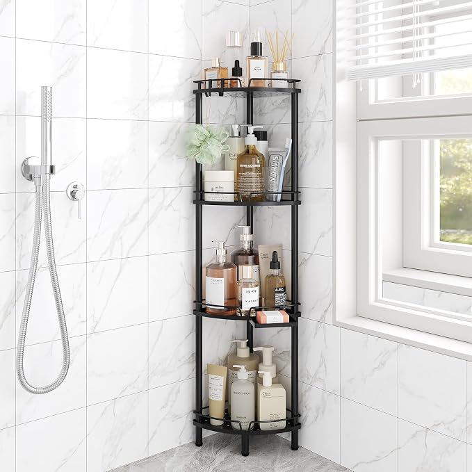 ELYKEN Corner Shower Caddy Standing, 4 Tier Rustproof Metal Shower Organizer with Soap Holder, Floor Shower Corner Shelf Rack Storage Stands with Adjustable Feet & 2 Hooks for Bathroom, Black by ELYKEN
