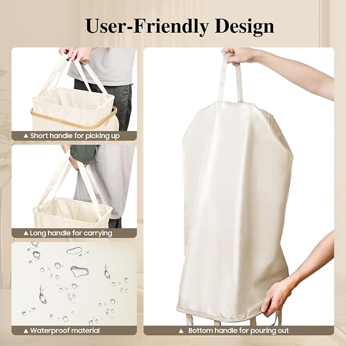 Foluck Large Laundry Hamper, 100L Waterproof Laundry Basket with Lid and Removable Bag, Collapsible Tall Clothes Hamper with Bamboo Handles for Clothes Toys in Dorm Bedroom Bathroom, Beige - Image 5