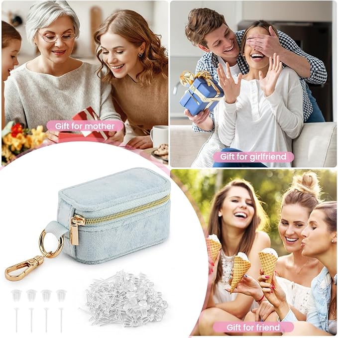 Velvet Mini Travel Jewelry Case, 2 in 1 Ring Holder Keychain + 50 Plastic Earrings, Portable Small Jewelry Organizer for Women, Travel/Gym/Wedding/Bridesmaid Gift - Image 6