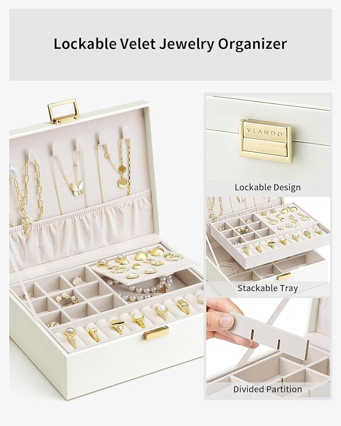 VLANDO Jewelry Box for Women, Gift for Women Girls,2 Layer Jewelry Box,Large Jewelry Organizer for Women Removable Jewelery Tray for Necklace Earrings Rings(Cream White) - Image 3