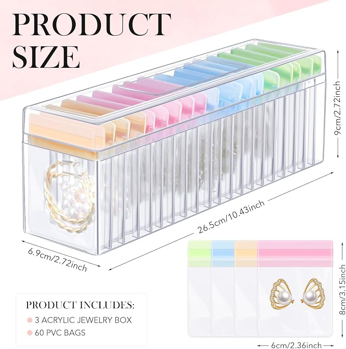 Kenning 63 Pcs Acrylic Jewelry Case Organizer, Clear Jewelry Organizers Holder with Portable Anti Tarnish Storage Bags for Rings, Earrings, Necklaces, Ideal Gifts for Women (Four Color Mixture) - Image 2